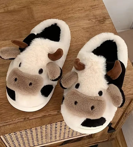 Women'S Cartoon Cute Cow House Slippers Warm plus Lined Closed Toe Fuzzy Home Slides Women'S Fluffy Comfy Shoes Winter Autumn