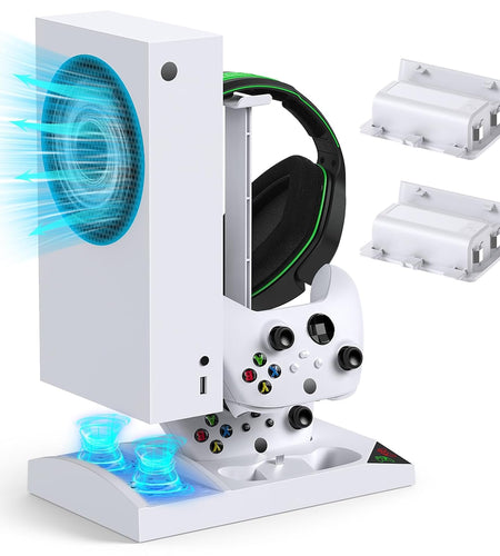 Charger Stand with Cooling Fan for Xbox Series S Console and Controller,Vertical Dual Charging Dock Accessories with 2 X 1400Mah Rechargeable Battery and Cover, Earphone Bracket for XSS