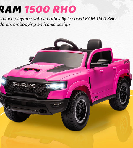 RAM Ride on Car, 12V Powered Ride on Toy with Remote Control, 4 Wheel Suspension, 5 Point Safety Belt, MP3 Player, Bluetooth, LED Lights, Electric Cars for 3-8 Years Boys Girls