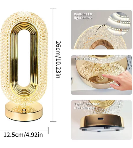 Modern Luxury Oval USB Rechargeable Crystal Table Lamp Living Room Bedroom Bedside Creative Decoration Atmosphere Night Light