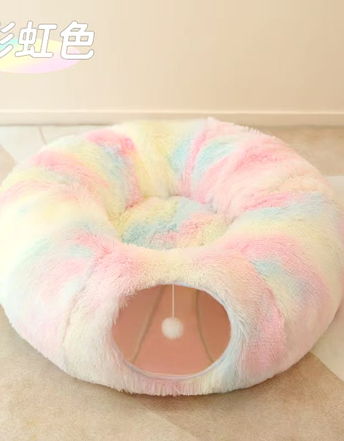 Load image into Gallery viewer, Plush Pets Cat Kennel Gray Foldable round Cats Nest Crossing Tunnel Bed Winter Warm Collapsible Basket Cushion Mat Pet Supplies
